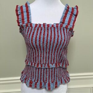 THML Striped Ruffle Trim Top - Red and Blue S